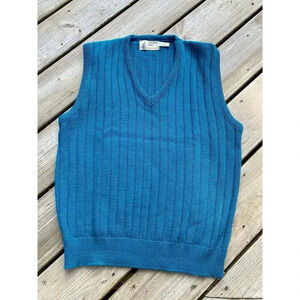 Vintage London Fog Sweater Vest Men's Medium Blue Solid Ribbed Knit USA Made 90s